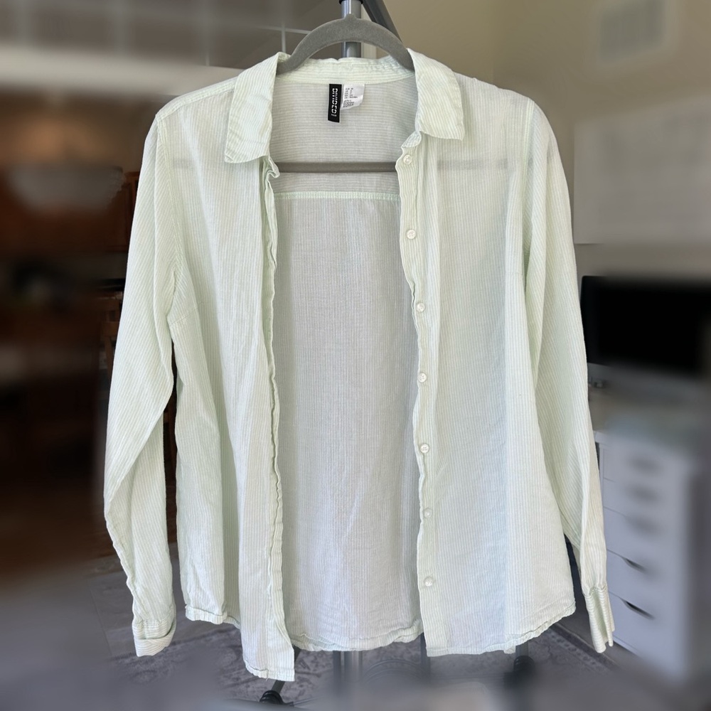 green and white striped button down shirt